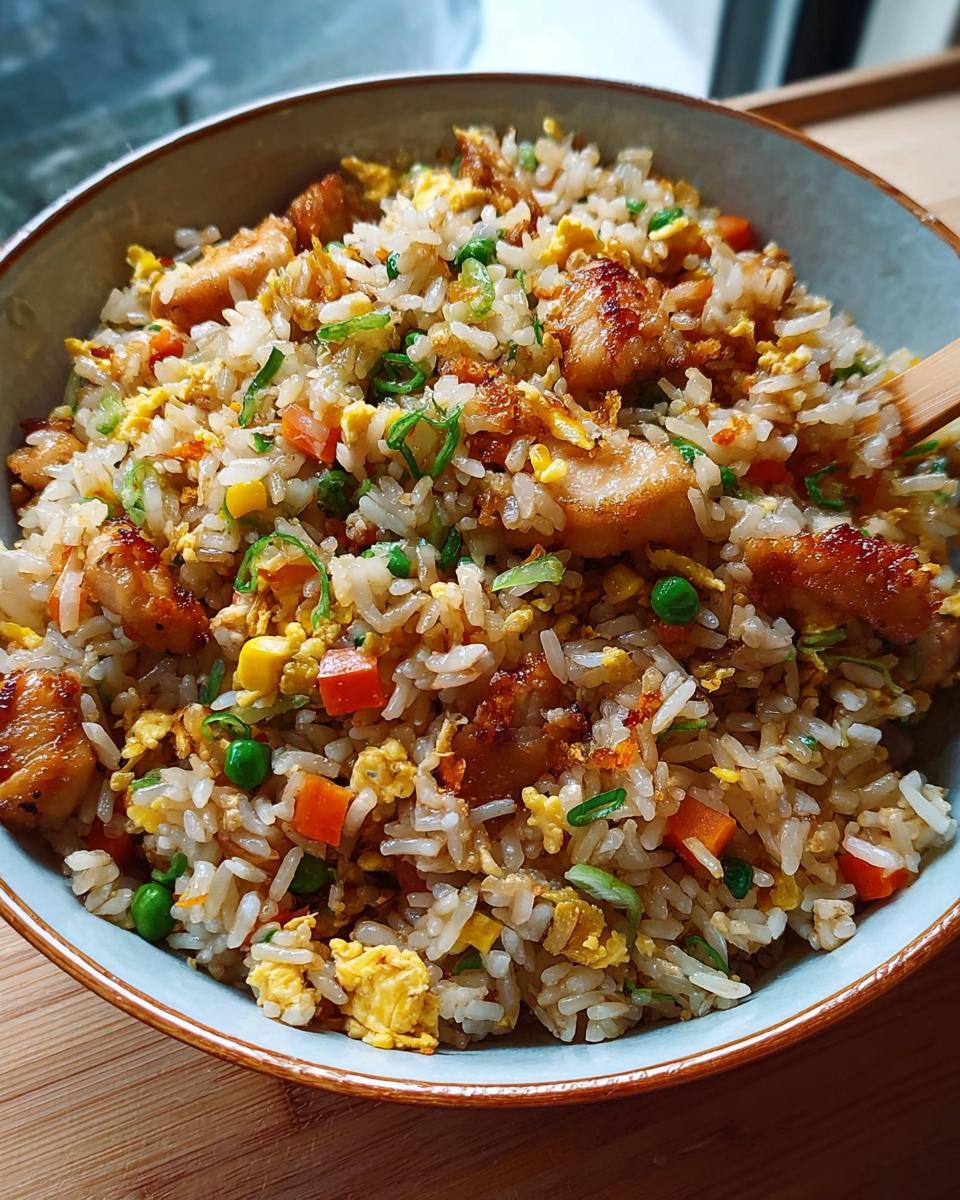 A close-up bowl of Chicken Fried Rice with Extra Crispy Bits, featuring tender chicken pieces, scrambled eggs, peas, carrots, and corn.