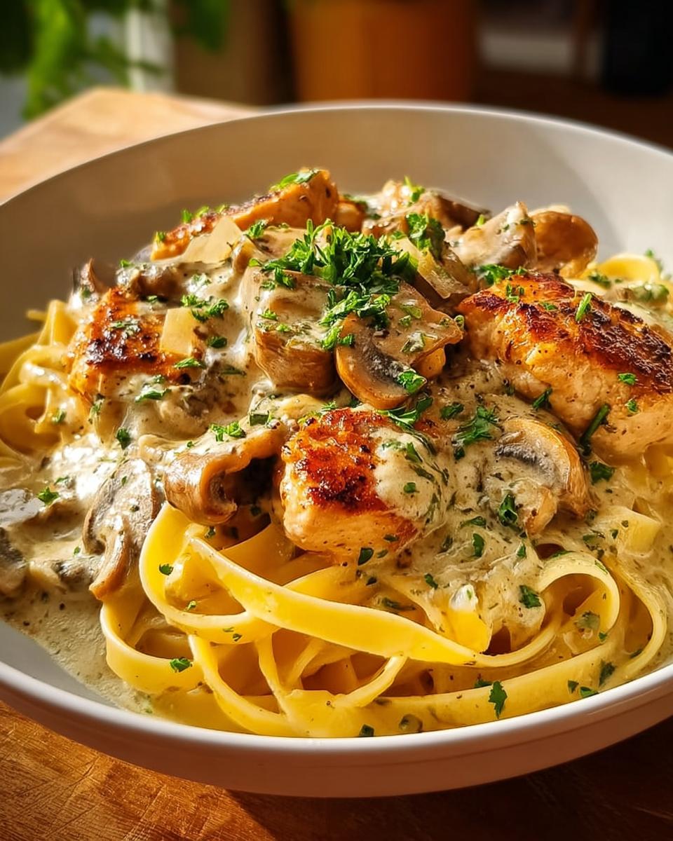 A bowl of Chicken Mushroom Pasta with Creamy Herbs, featuring fettuccine, pan-seared chicken, mushrooms, and a rich herb sauce.