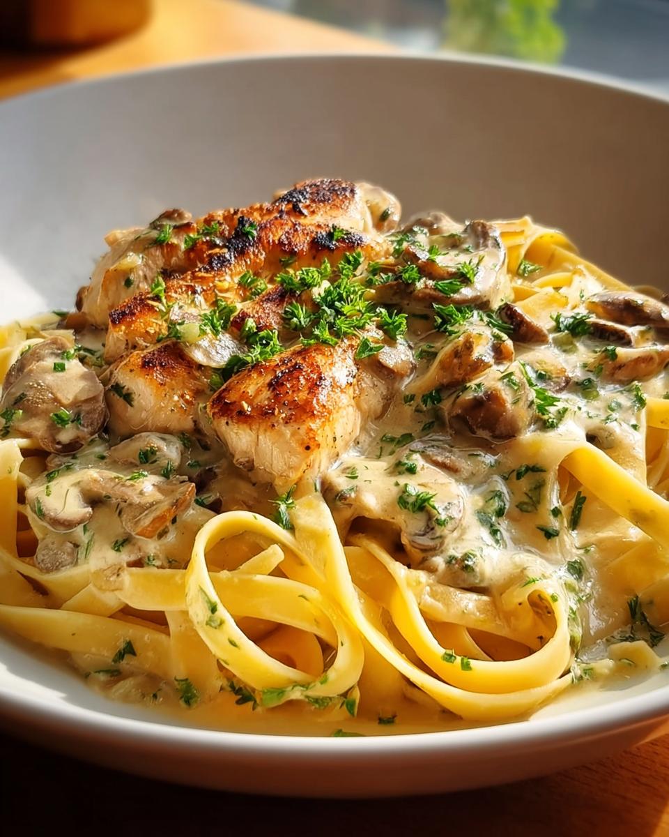 A bowl of fettuccine pasta topped with creamy herb sauce, pan-seared chicken pieces, and sliced mushrooms.