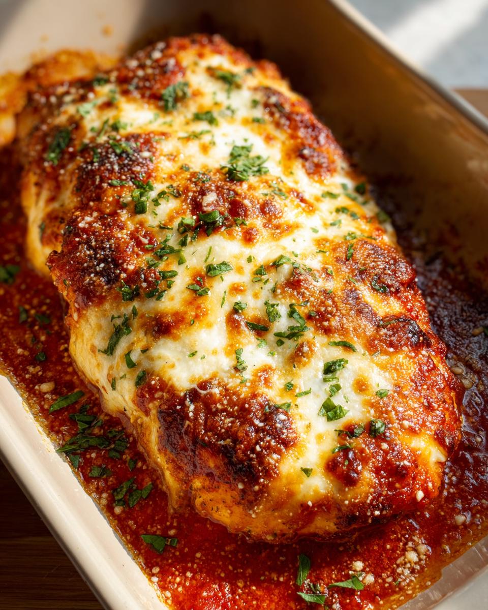 A golden-brown Chicken Parmesan Inspired Bake with Mozzarella, bubbling in marinara sauce and topped with fresh parsley.