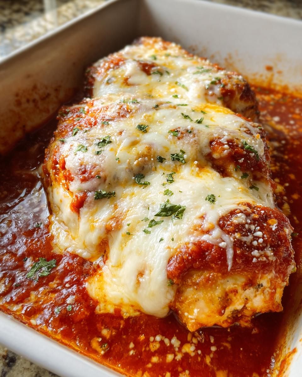 Close-up of a Chicken Parmesan Inspired Bake with Mozzarella, bubbling in marinara sauce and topped with melted cheese and parsley.
