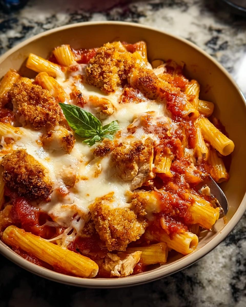 A bowl of Chicken Parmesan Pasta Bake with Mozzarella, featuring rigatoni pasta, marinara sauce, crispy chicken pieces, and melted mozzarella cheese.