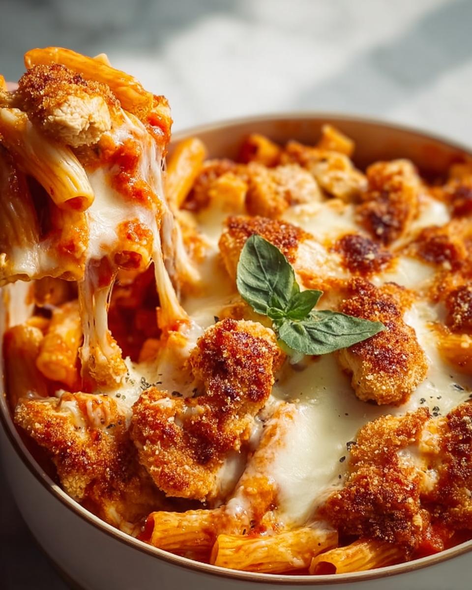 A serving spoon lifting a cheesy portion of Chicken Parmesan Pasta Bake with Mozzarella, showing melted cheese strings.