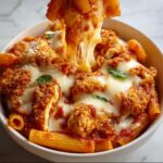 A close-up shot of a bowl of Chicken Parmesan Pasta Bake with Mozzarella, showing gooey cheese pull.