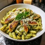 A delicious bowl of Chicken Pesto Pasta with fresh basil flavor, topped with grilled chicken and Parmesan cheese.