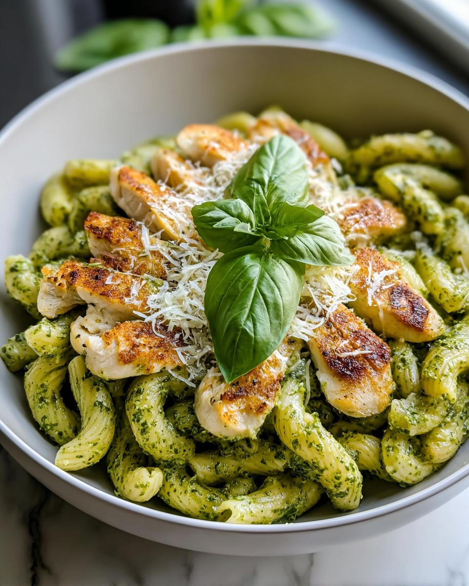 A bowl of Chicken Pesto Pasta topped with sliced chicken, grated Parmesan, and fresh basil leaves.