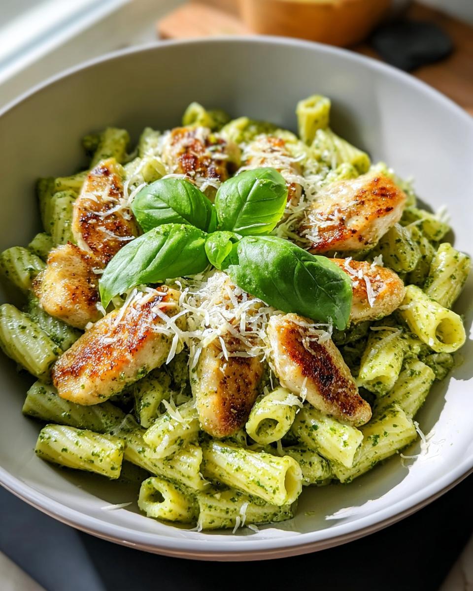 A bowl of Chicken Pesto Pasta with Fresh Basil Flavor, topped with grilled chicken pieces and shredded Parmesan cheese.