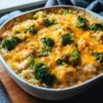 Close-up of a baked dish filled with chicken and rice, topped with melted cheese and broccoli florets.