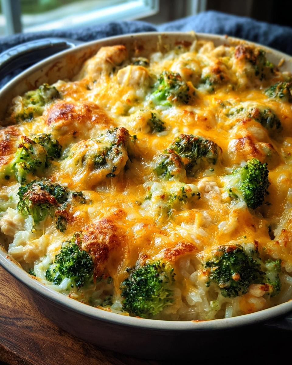 Close-up of a bubbly Chicken and Rice Bake with Broccoli and Cheese, golden brown and delicious.