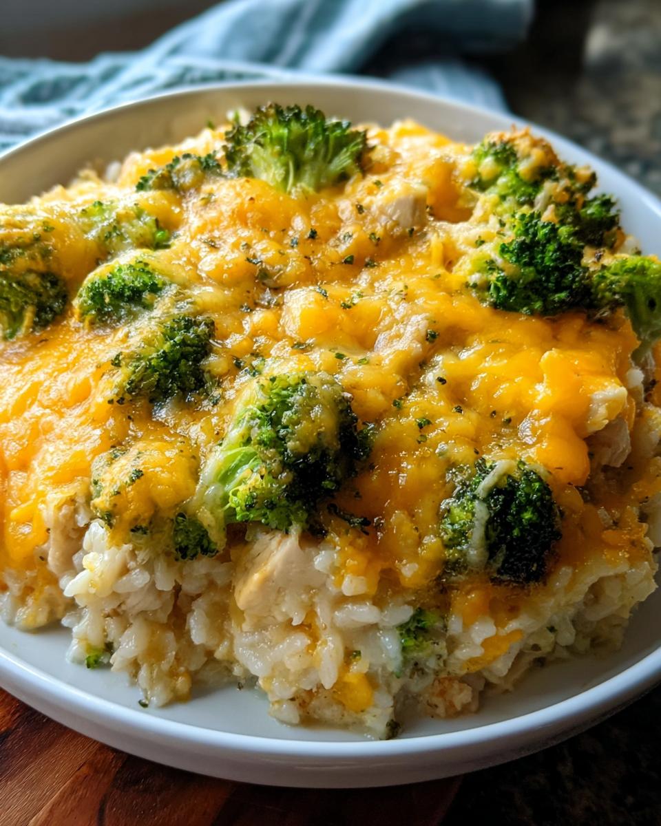 A close-up of a serving of Chicken and Rice Bake with Broccoli and Cheese, topped with melted cheddar.