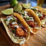 Close-up of three chicken tacos filled with crispy chicken, slaw, and drizzled with sauce and crema. Fresh lime wedges are visible.