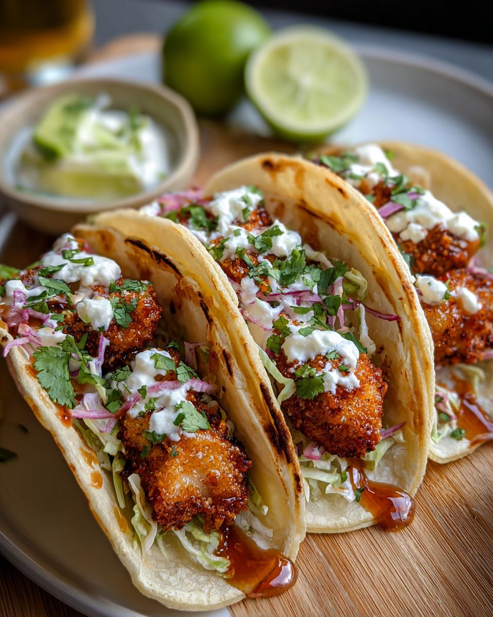 Close-up of delicious chicken taco filling with fresh lime, topped with cilantro and crema.