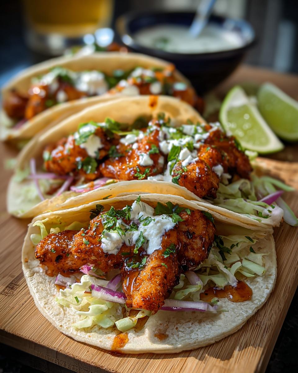 Close-up of delicious chicken taco filling with fresh lime, topped with crema and cilantro.