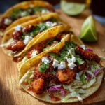 Close-up of three chicken tacos filled with shredded cabbage, crumbled cheese, cilantro, and chicken taco filling with fresh lime.