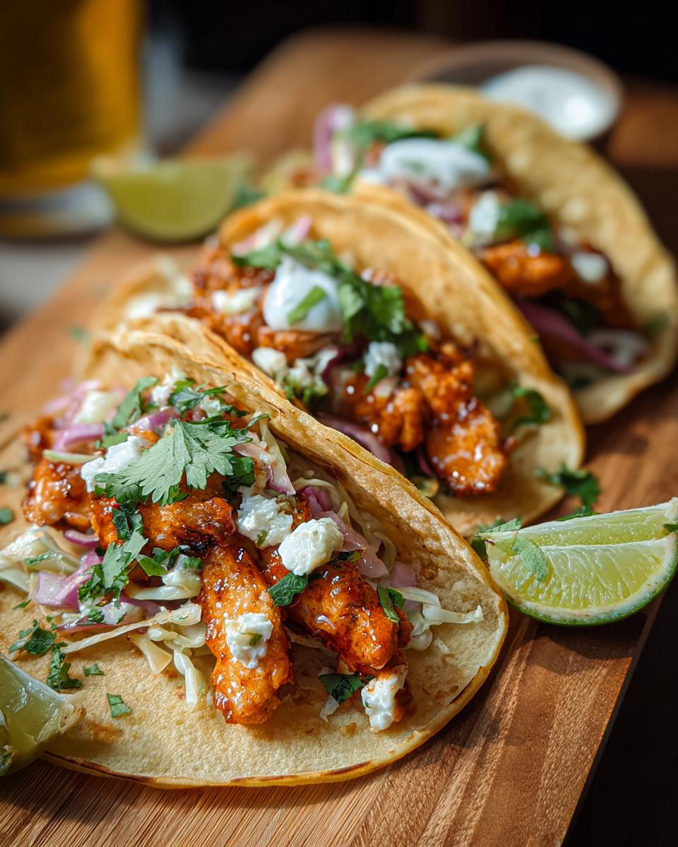 Three delicious chicken tacos filled with shredded cabbage, red onion, crumbled cheese, and cilantro, served with lime wedges.