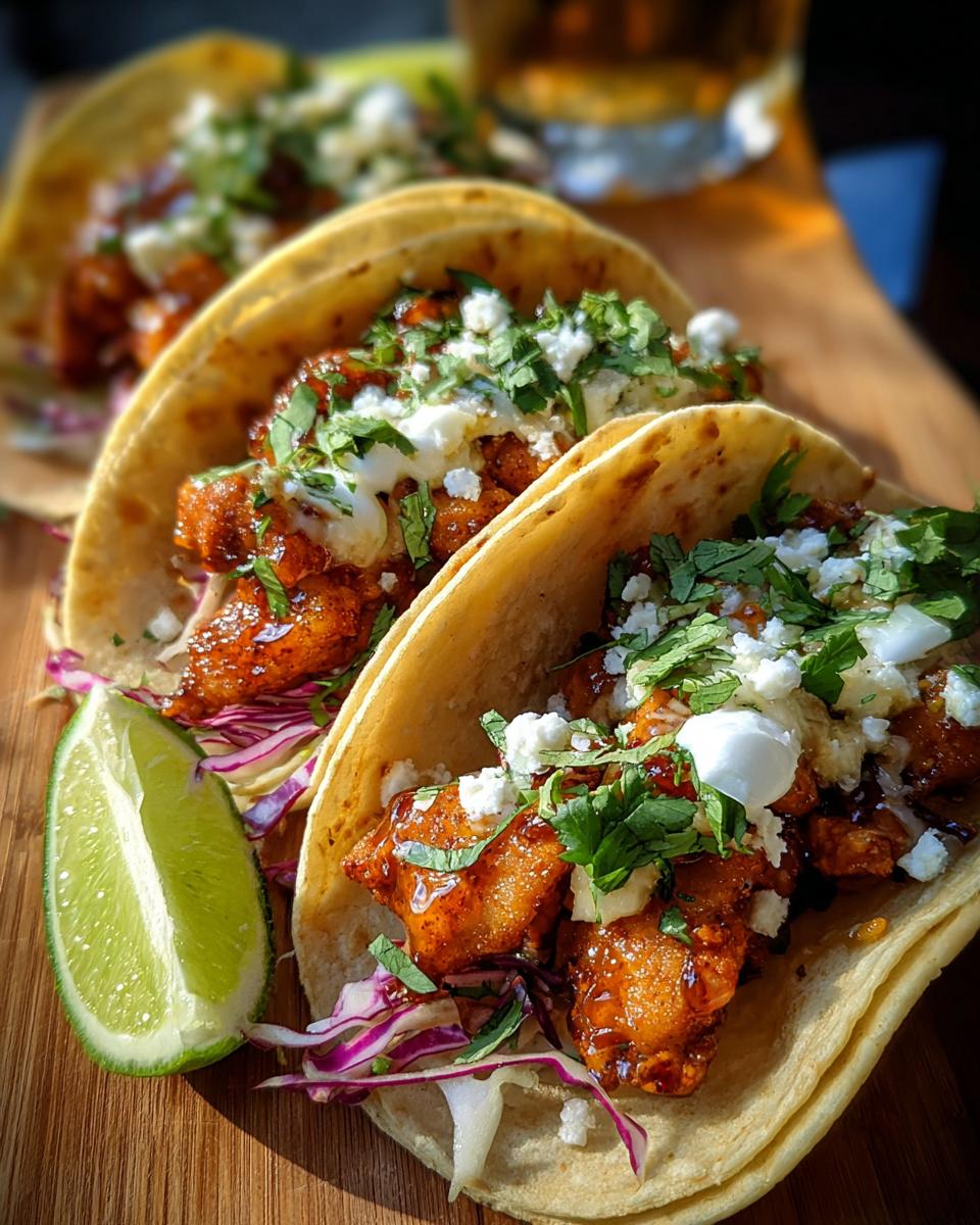 Three delicious chicken tacos filled with seasoned chicken, shredded cabbage, crumbled cheese, and fresh cilantro, served with a lime wedge.