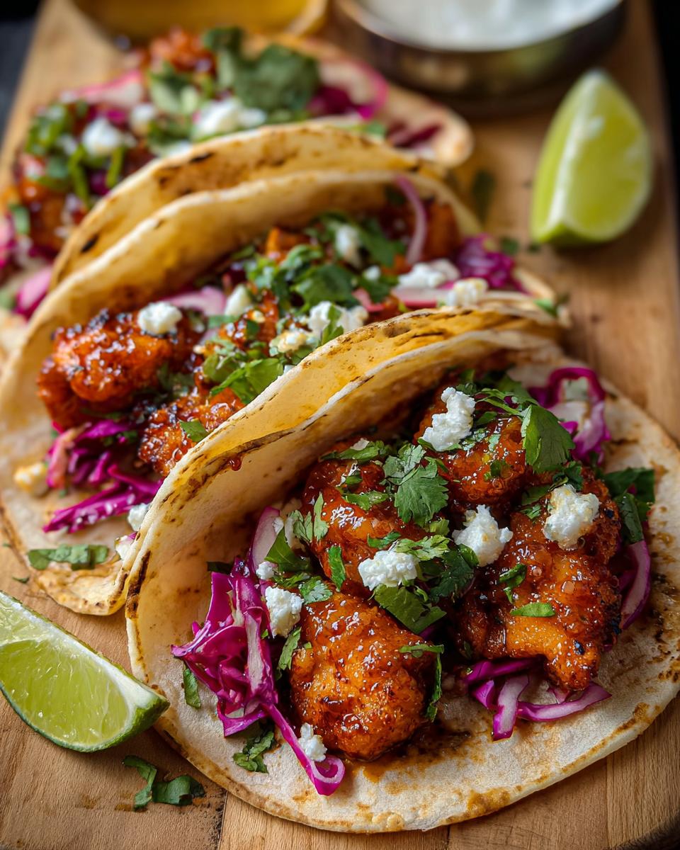 Close-up of delicious Chicken Taco Filling with Fresh Lime, topped with cilantro and crumbled cheese.