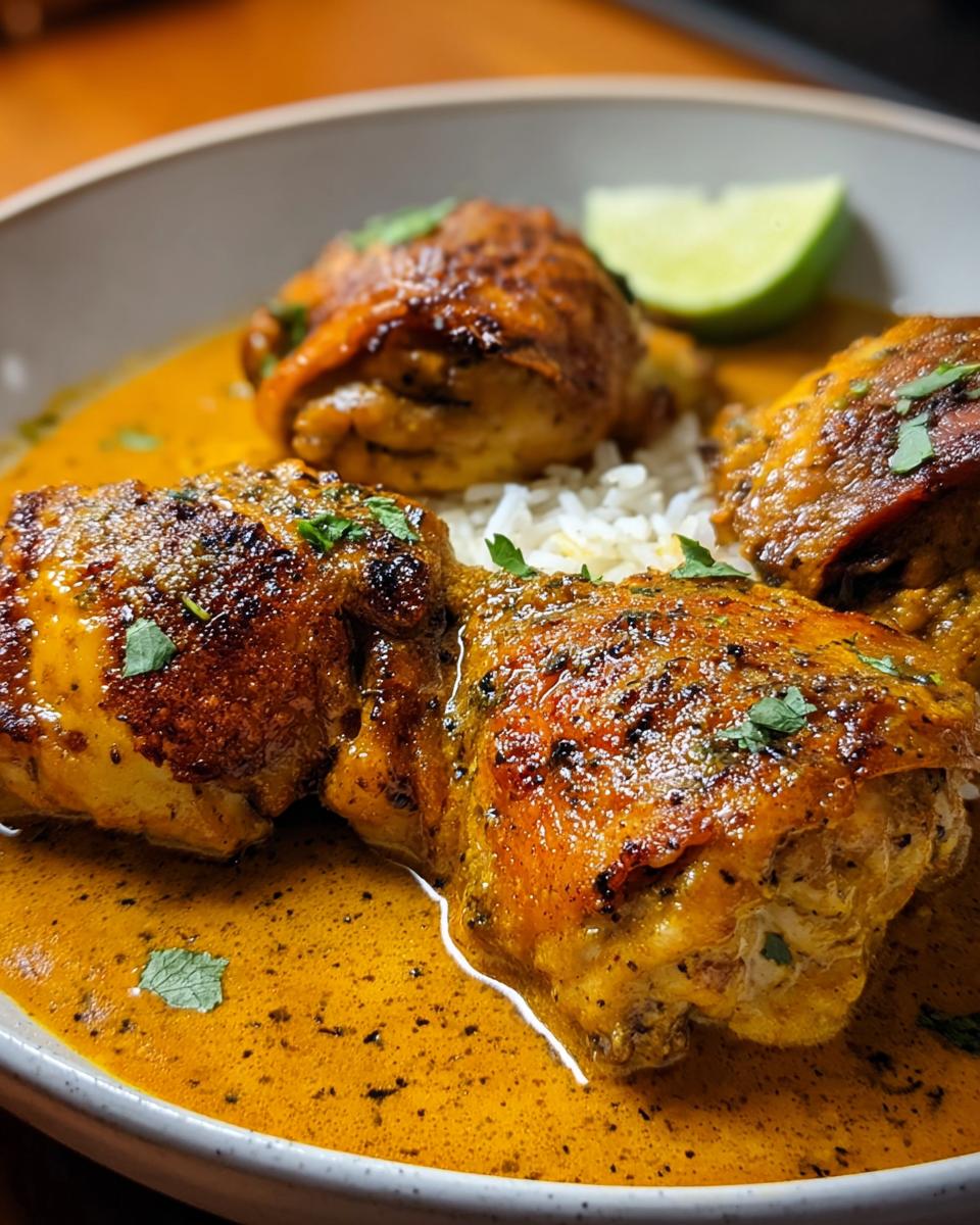 Close-up of tender Chicken Thighs in Coconut Curry Sauce served over rice with a lime wedge.