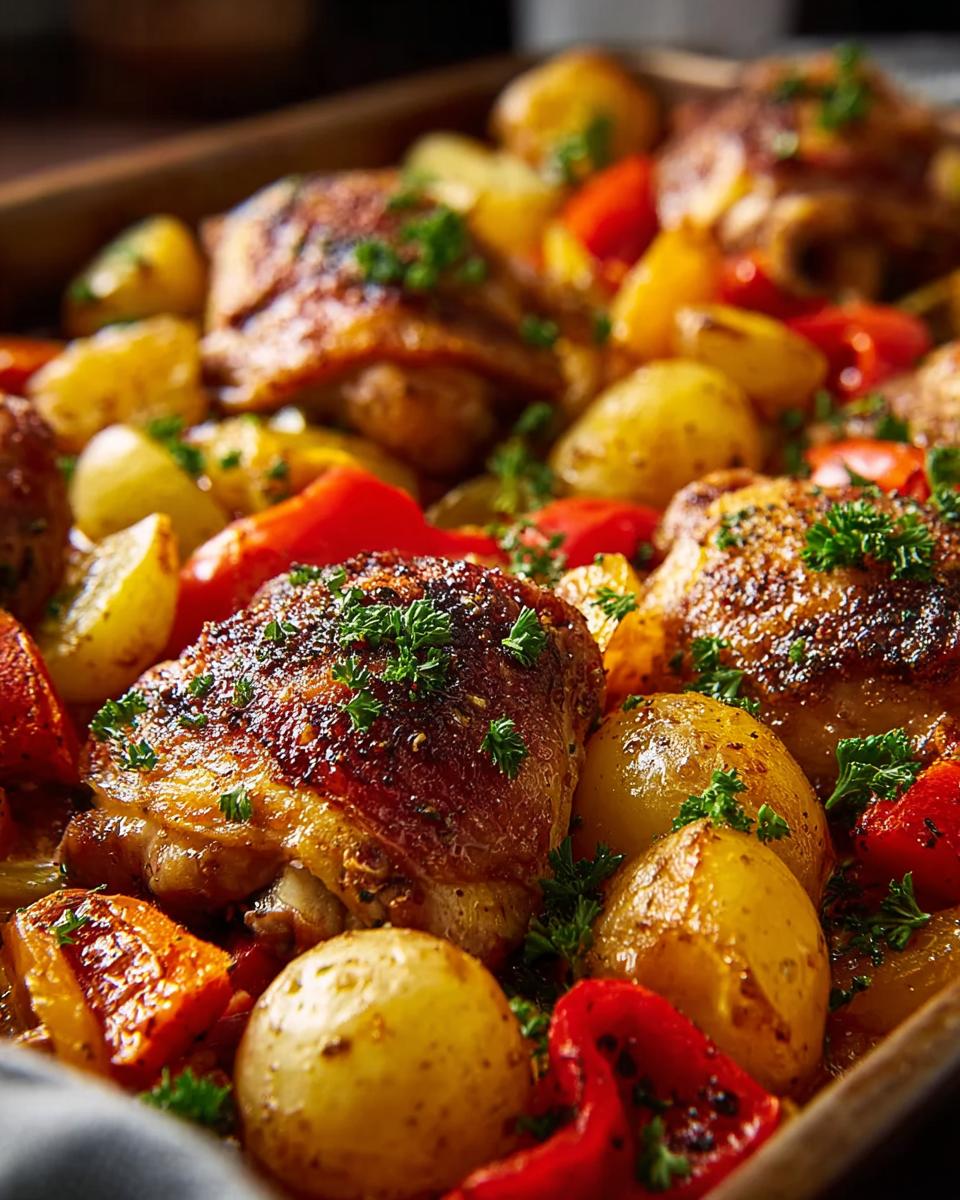 Close-up of golden-brown roasted chicken thighs with baby potatoes and red bell peppers, sprinkled with fresh parsley.