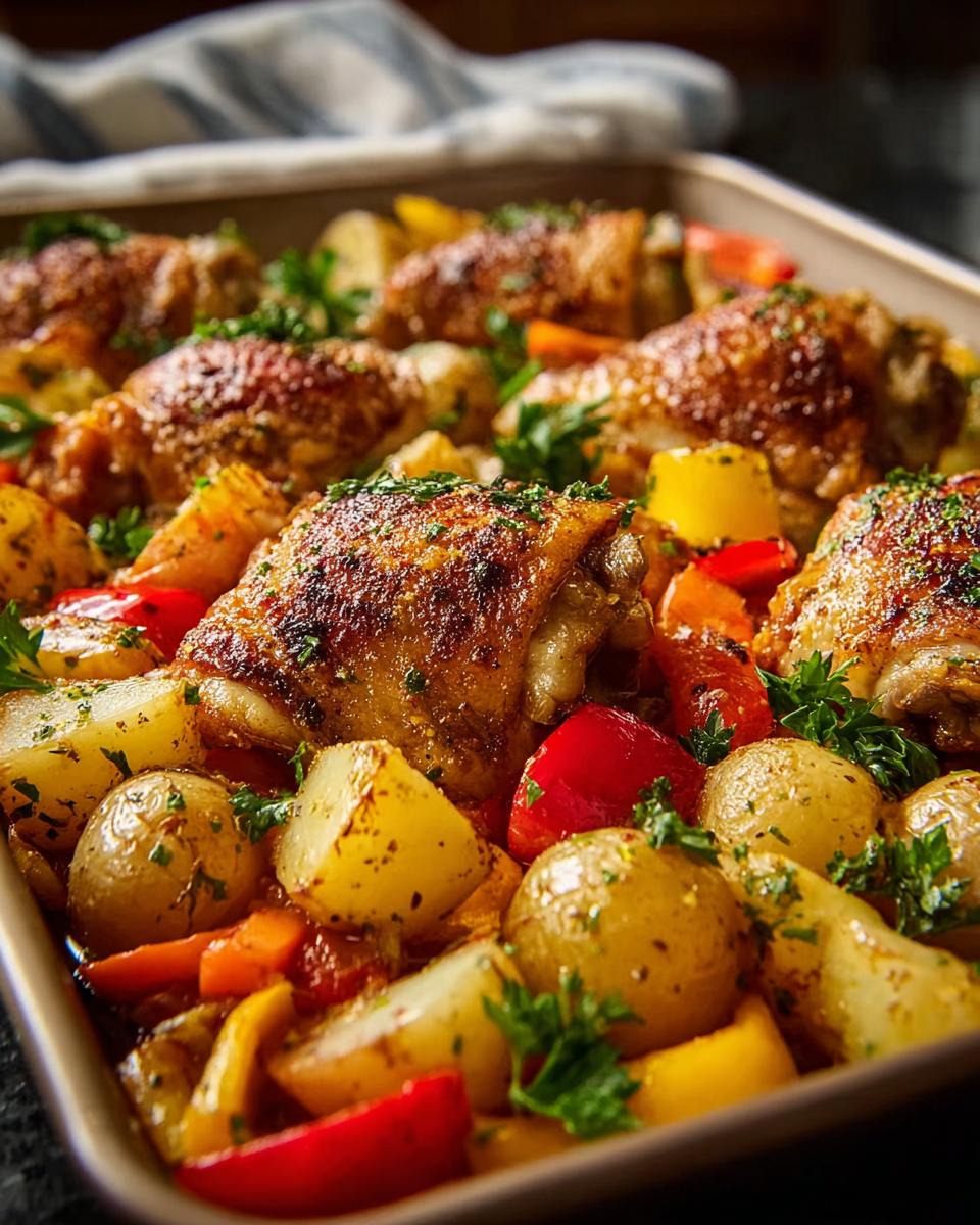 Golden brown chicken thighs with roasted potatoes, bell peppers, and herbs in a baking dish.