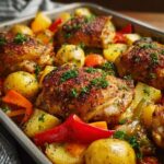 Golden brown chicken thighs with roasted potatoes, bell peppers, and fresh herbs in a baking dish.