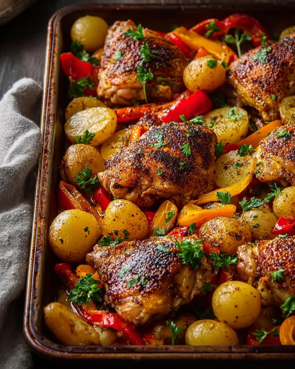 A close-up shot of a baking sheet filled with golden brown roasted chicken thighs, small potatoes, and colorful bell peppers, garnished with fresh parsley.