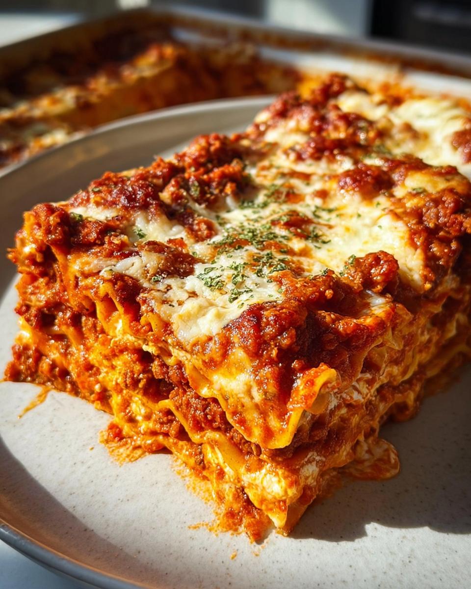 A generous slice of Classic Beef Lasagna with Rich Tomato Sauce, featuring layers of pasta, meat sauce, and melted cheese.