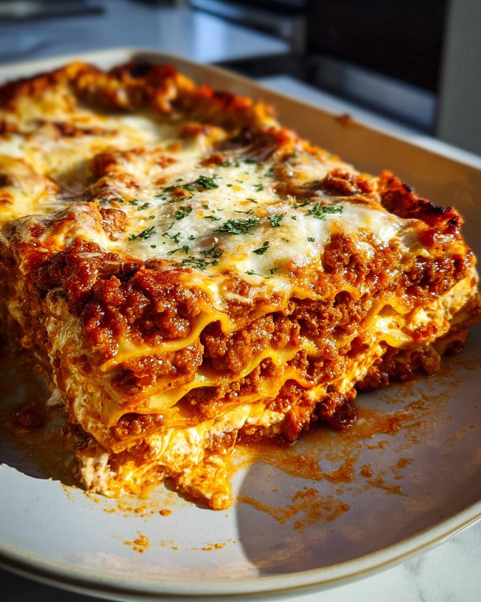 A generous slice of Classic Beef Lasagna with Rich Tomato Sauce, featuring layers of pasta, meat sauce, and melted cheese.