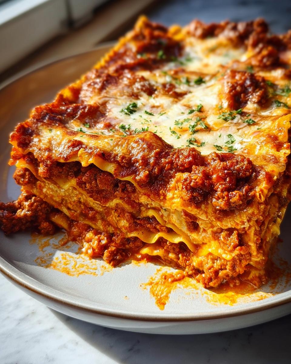 A hearty slice of Classic Beef Lasagna with Rich Tomato Sauce, showing layers of pasta, meat sauce, and melted cheese.