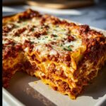 A generous slice of Classic Beef Lasagna with Rich Tomato Sauce, showcasing layers of pasta, meat sauce, and melted cheese.