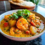 A bowl of flavorful Coconut Curry Shrimp with Cozy Sauce, garnished with fresh cilantro.