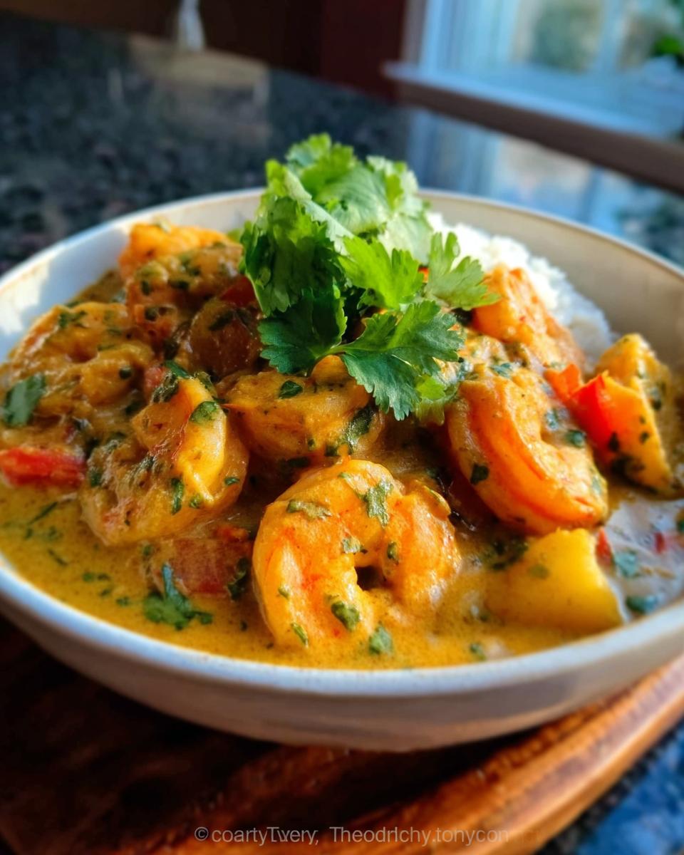A bowl of Coconut Curry Shrimp with Cozy Sauce, featuring plump shrimp in a rich, creamy sauce, served over white rice and garnished with fresh cilantro.