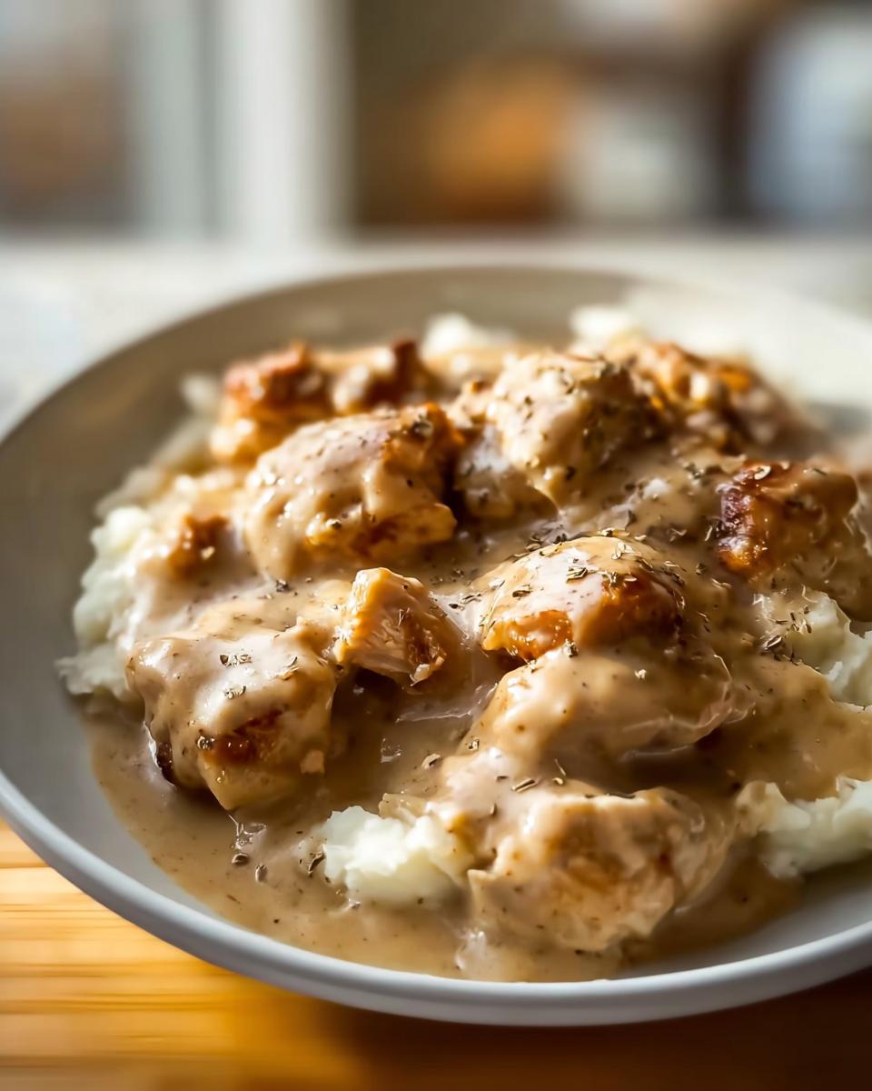 A close-up of Comfort Style Chicken with Creamy Gravy served over mashed potatoes, garnished with herbs.