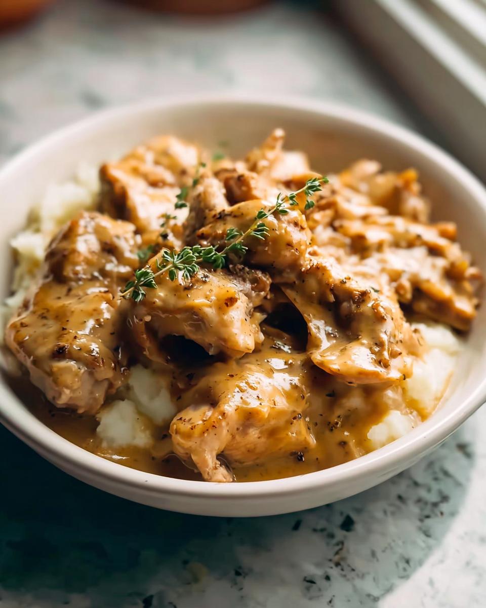 Comfort Style Chicken with Creamy Gravy served over mashed potatoes, garnished with fresh thyme.