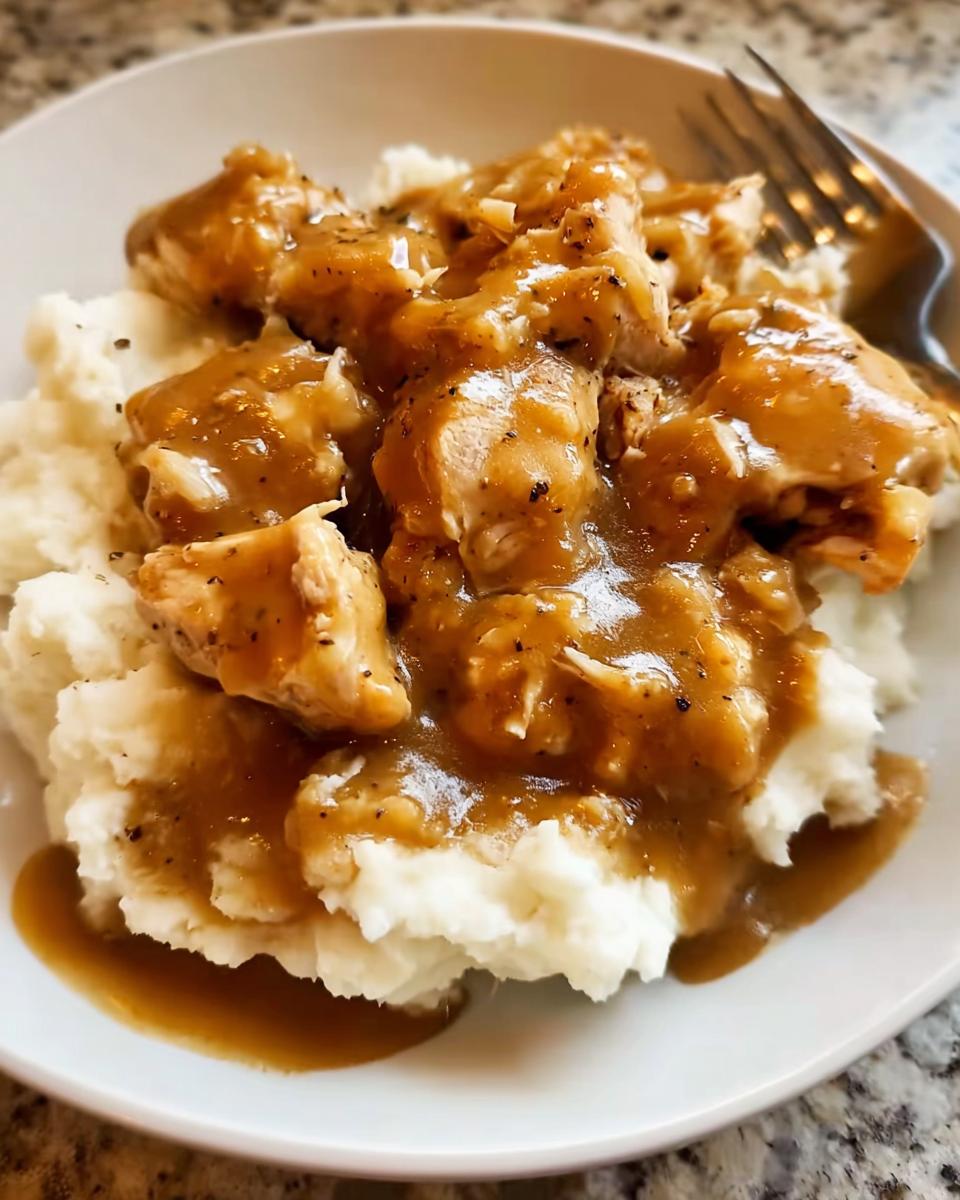 A close-up shot of comfort style chicken with creamy gravy served over fluffy mashed potatoes, with a fork on the side.