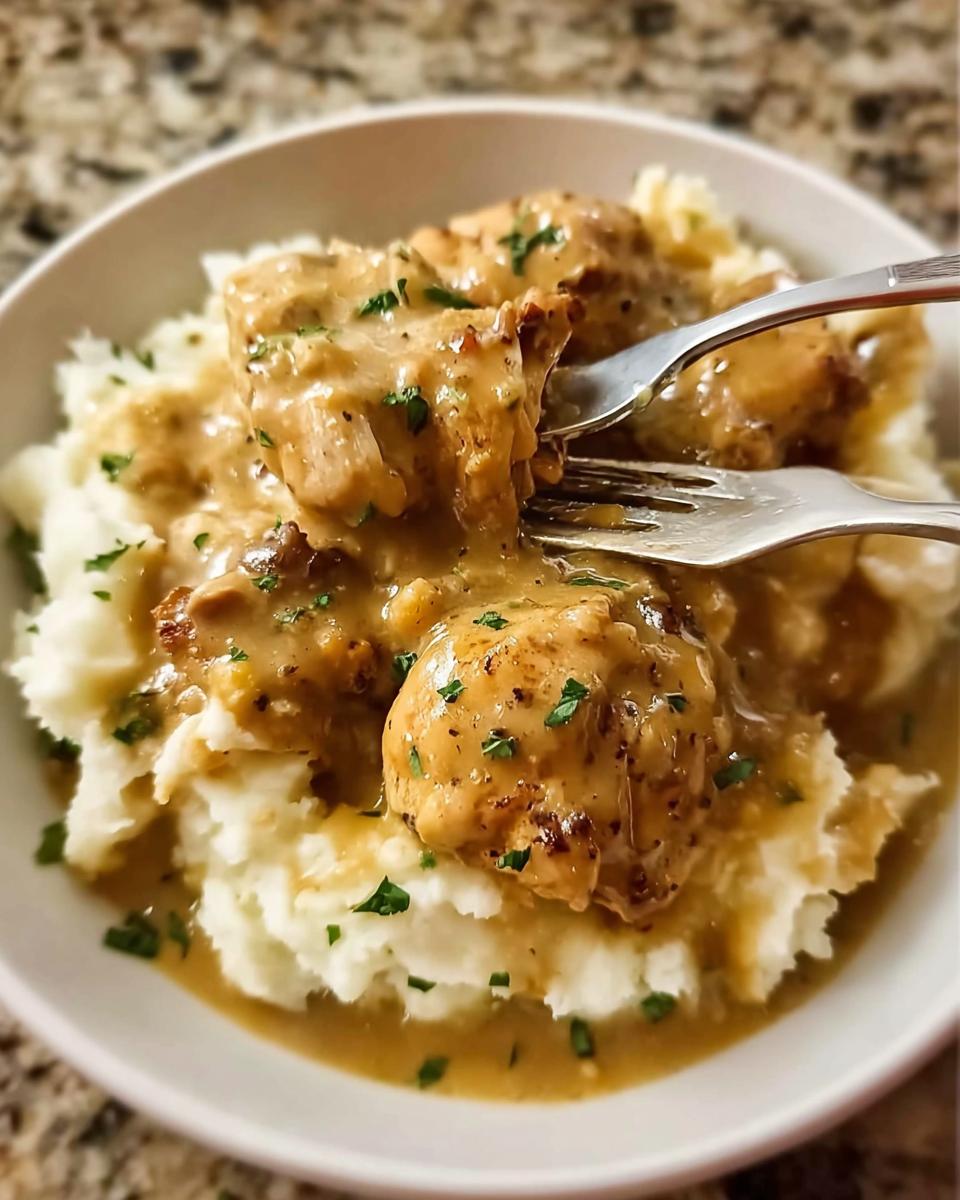 A bowl of mashed potatoes topped with tender Comfort Style Chicken smothered in creamy gravy and sprinkled with parsley.