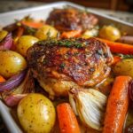 Close-up of a golden-brown chicken thigh in a comforting chicken thigh stew with roasted vegetables.
