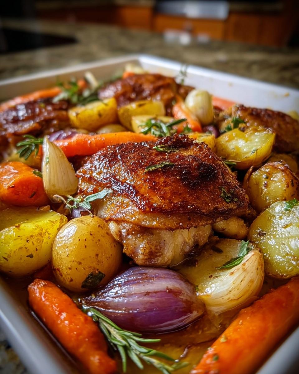 A close-up of a comforting chicken thigh stew with roasted potatoes, carrots, red onion, and garlic, garnished with rosemary.