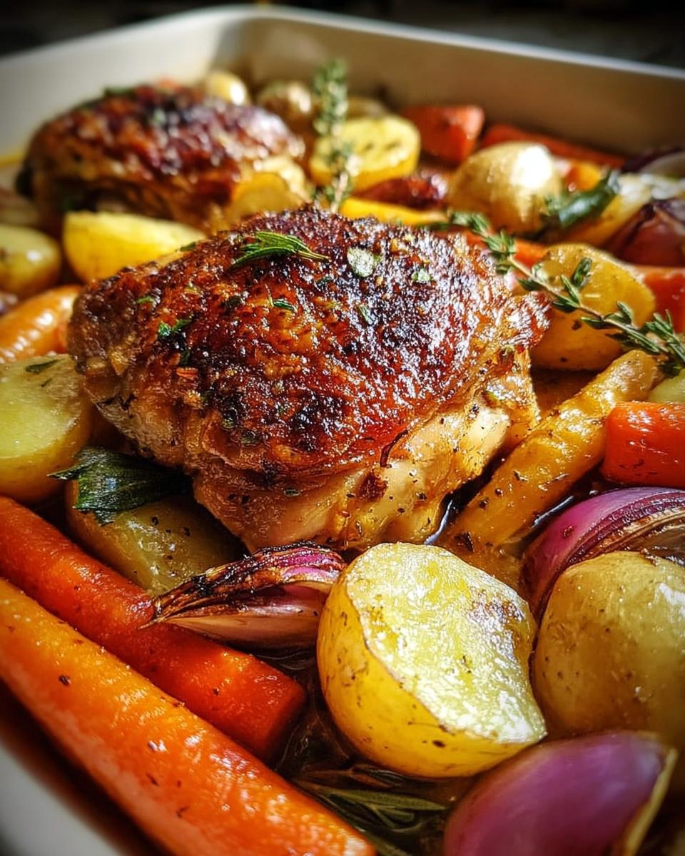 Close-up of a golden-brown chicken thigh nestled amongst roasted carrots, potatoes, and red onions in a comforting chicken thigh stew.