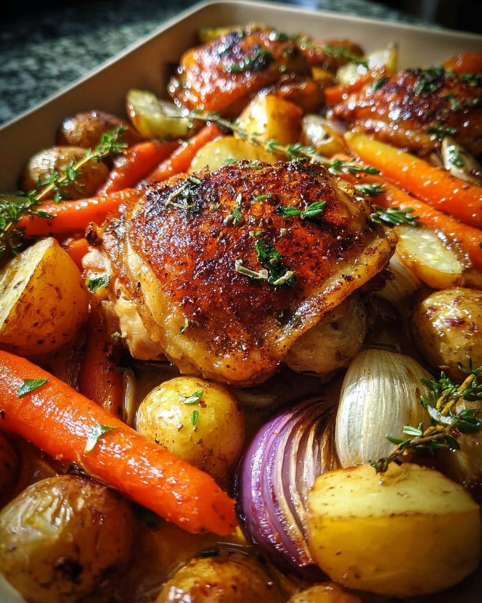 Close-up of a comforting chicken thigh stew with roasted carrots, potatoes, and red onion, garnished with thyme.