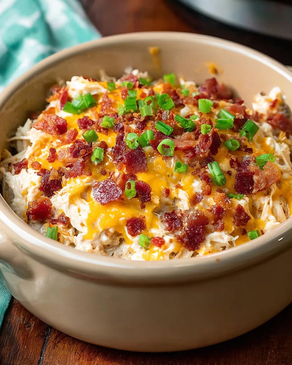 A close-up of a Crack Chicken Style Dinner Bowl topped with melted cheddar cheese, crispy bacon, and green onions.