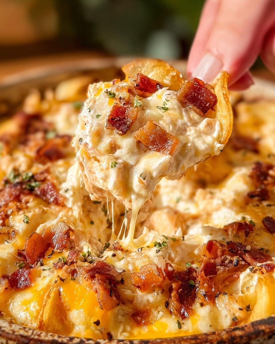 A scoop of creamy Crack Chicken Style Dinner Bowl with melted cheese and crispy bacon bits being lifted by a chip.