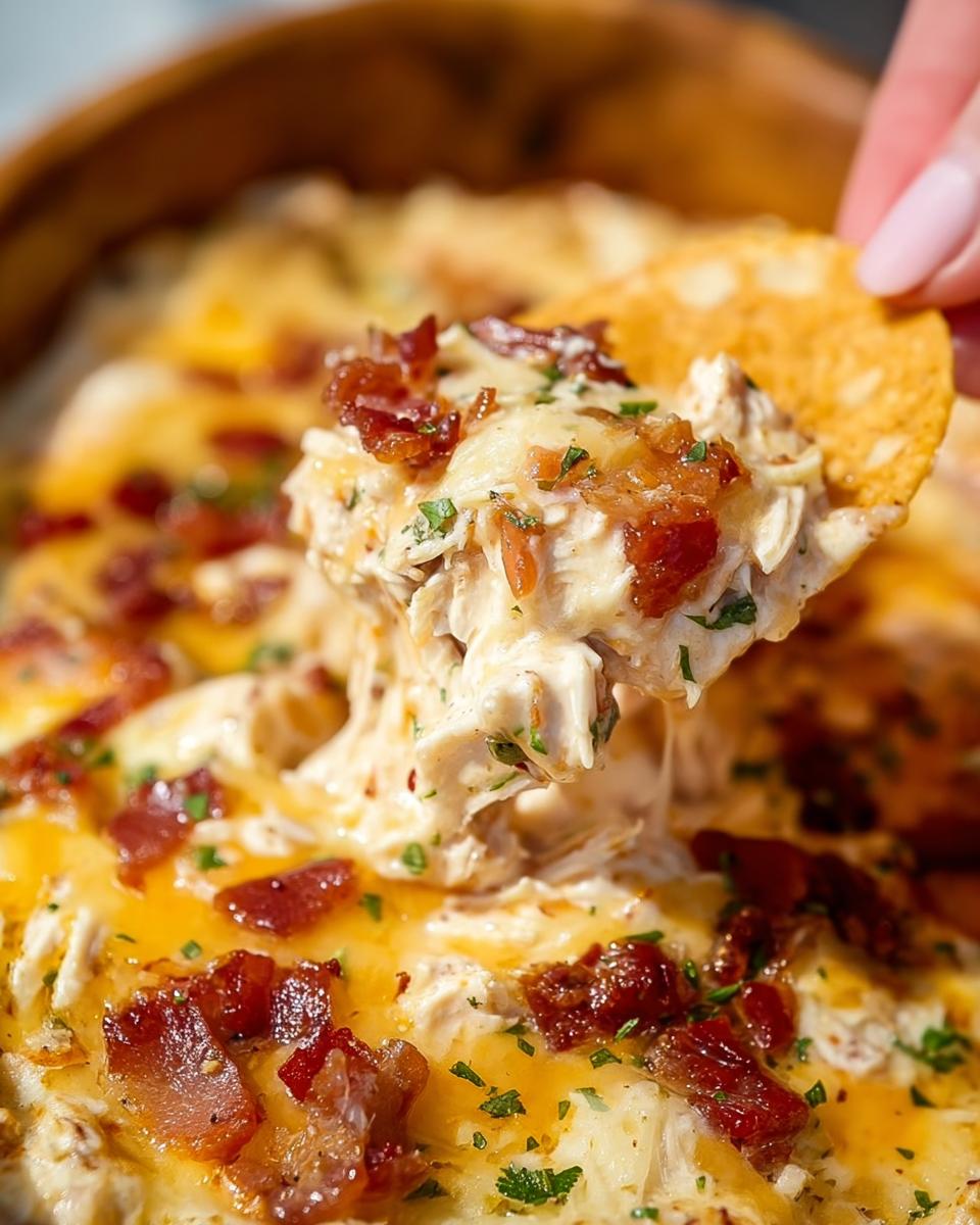 A tortilla chip scooping up cheesy, creamy Crack Chicken Style Dinner Bowl topped with bacon and parsley.
