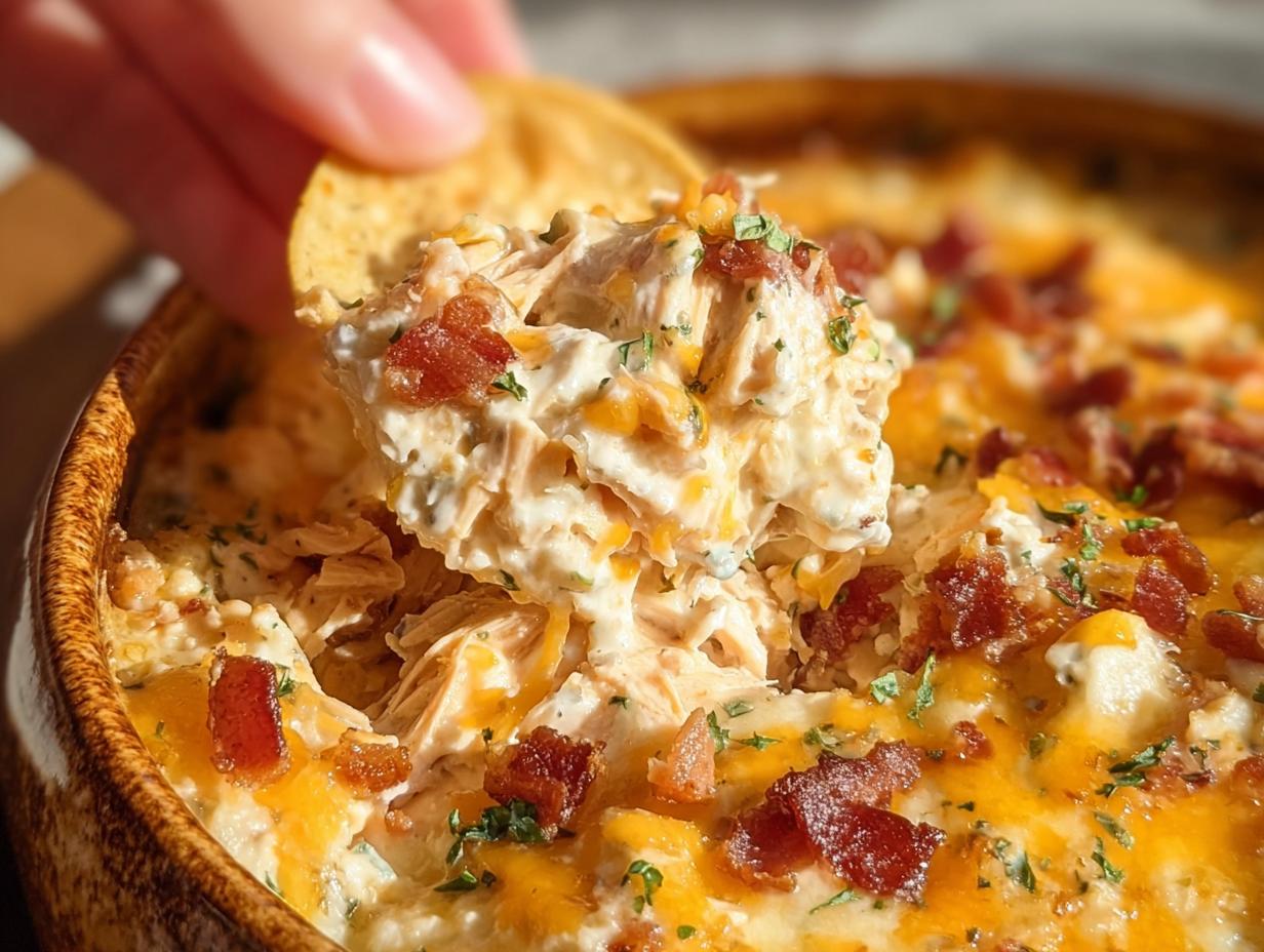 A scoop of creamy Crack Chicken Style Dinner Bowl with shredded chicken, cheese, and bacon bits being lifted by a tortilla chip.
