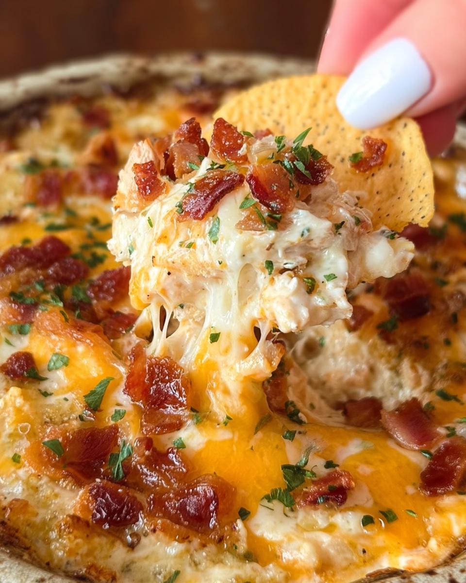 A scoop of cheesy Crack Chicken Style Dinner Bowl dip on a tortilla chip, topped with bacon and parsley.