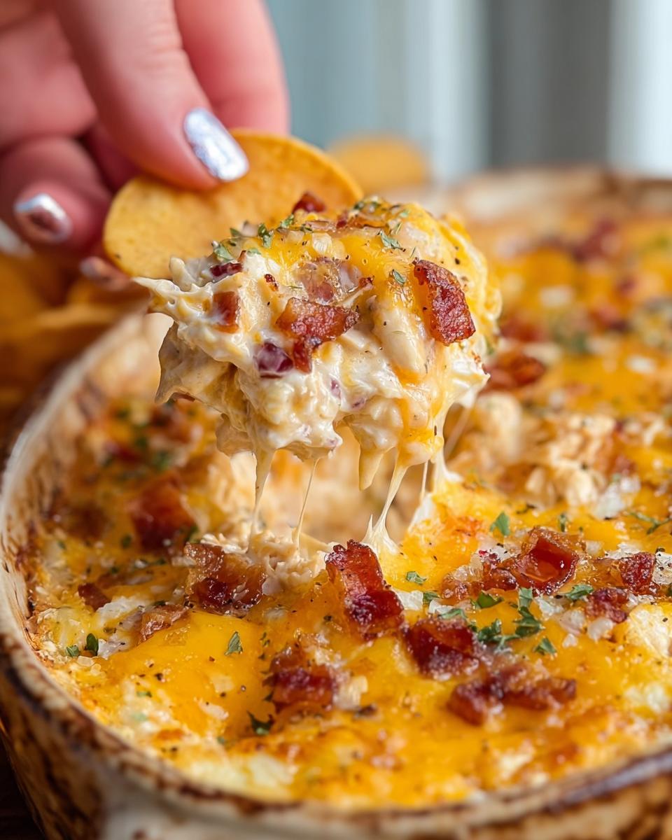 A chip scooping up cheesy Crack Chicken Style Dinner Bowl dip with bacon and herbs.
