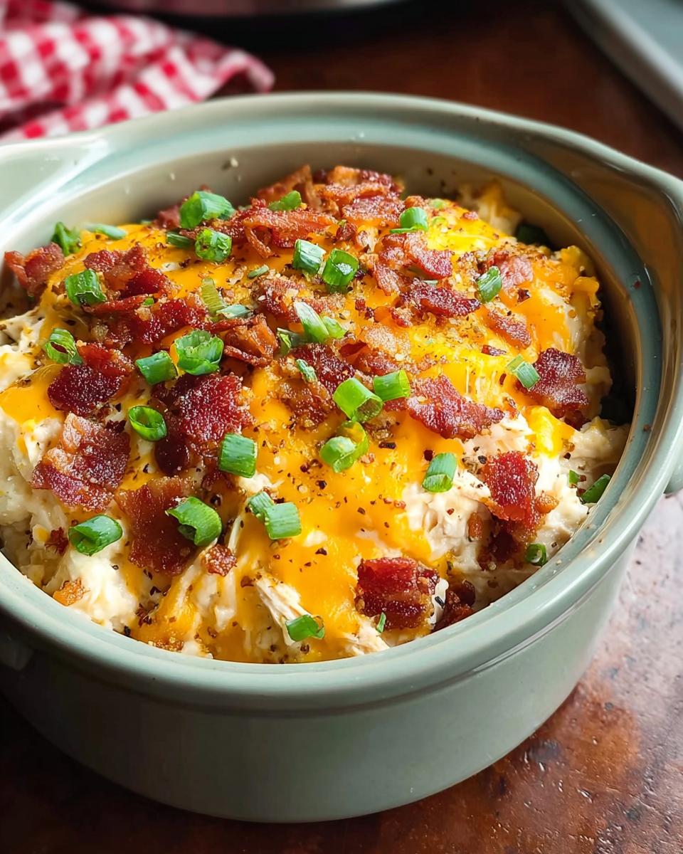 Close-up of a Crack Chicken Style Dinner Bowl topped with melted cheese, bacon, and green onions.