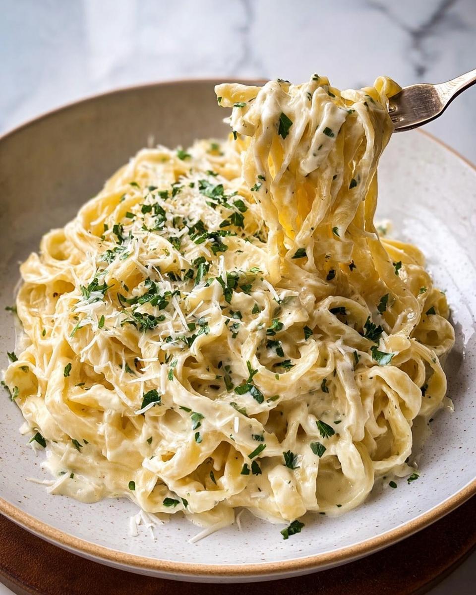 A fork lifting a swirl of fettuccine pasta coated in creamy Alfredo sauce, garnished with parsley and Parmesan.