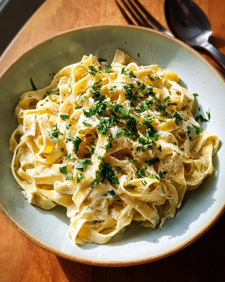 A bowl of fettuccine pasta coated in creamy alfredo sauce and garnished with fresh parsley.