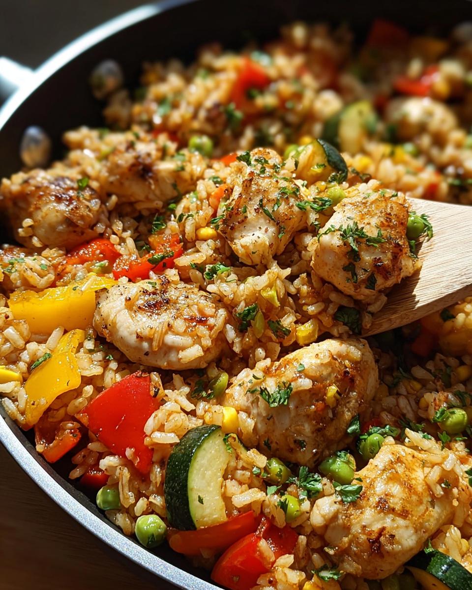 Close-up of a Creamy Chicken and Rice Skillet with Veggies, featuring tender chicken pieces, rice, peas, corn, zucchini, and bell peppers.